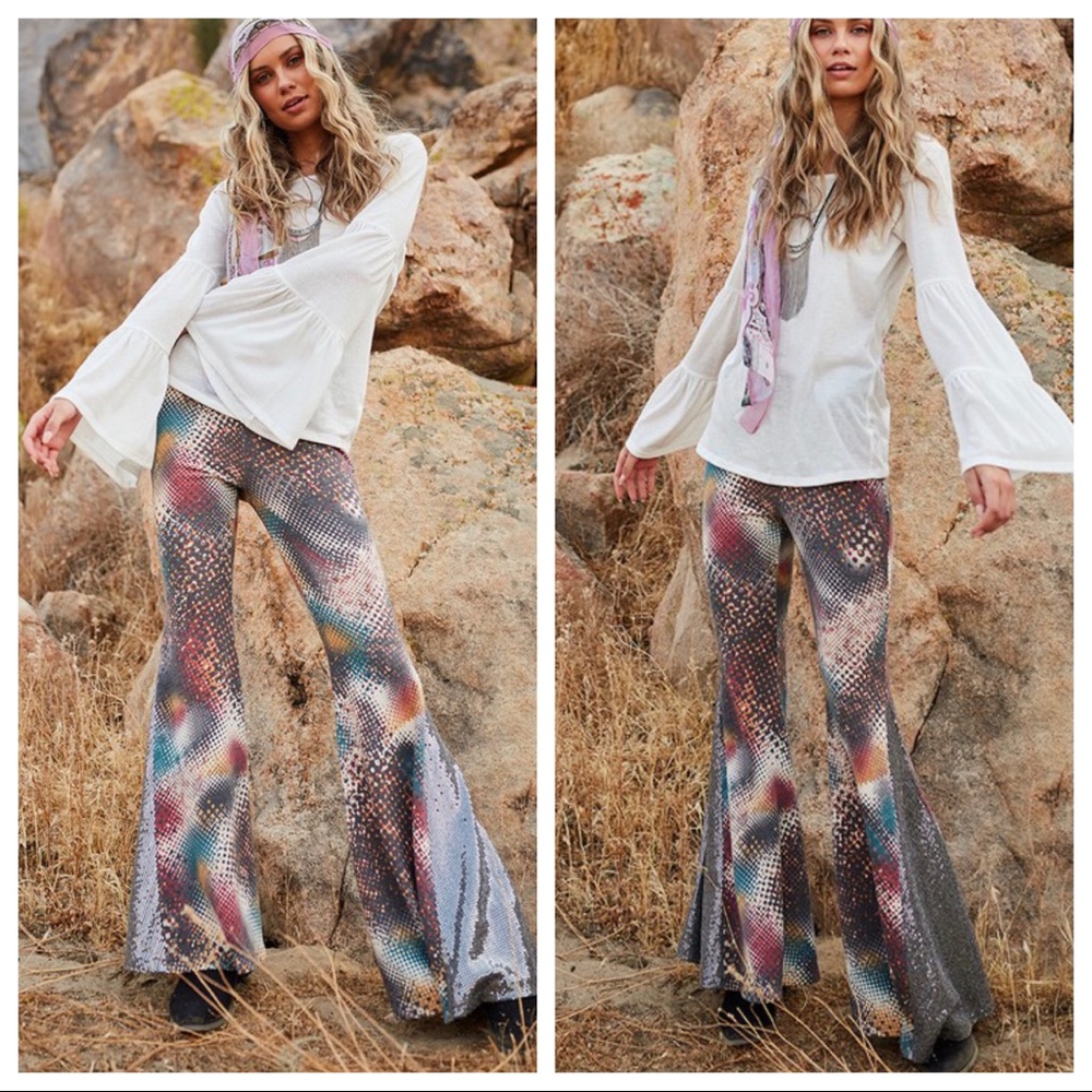 Boho gypsy chic multi color flare bell pants - Picture 3 of 7